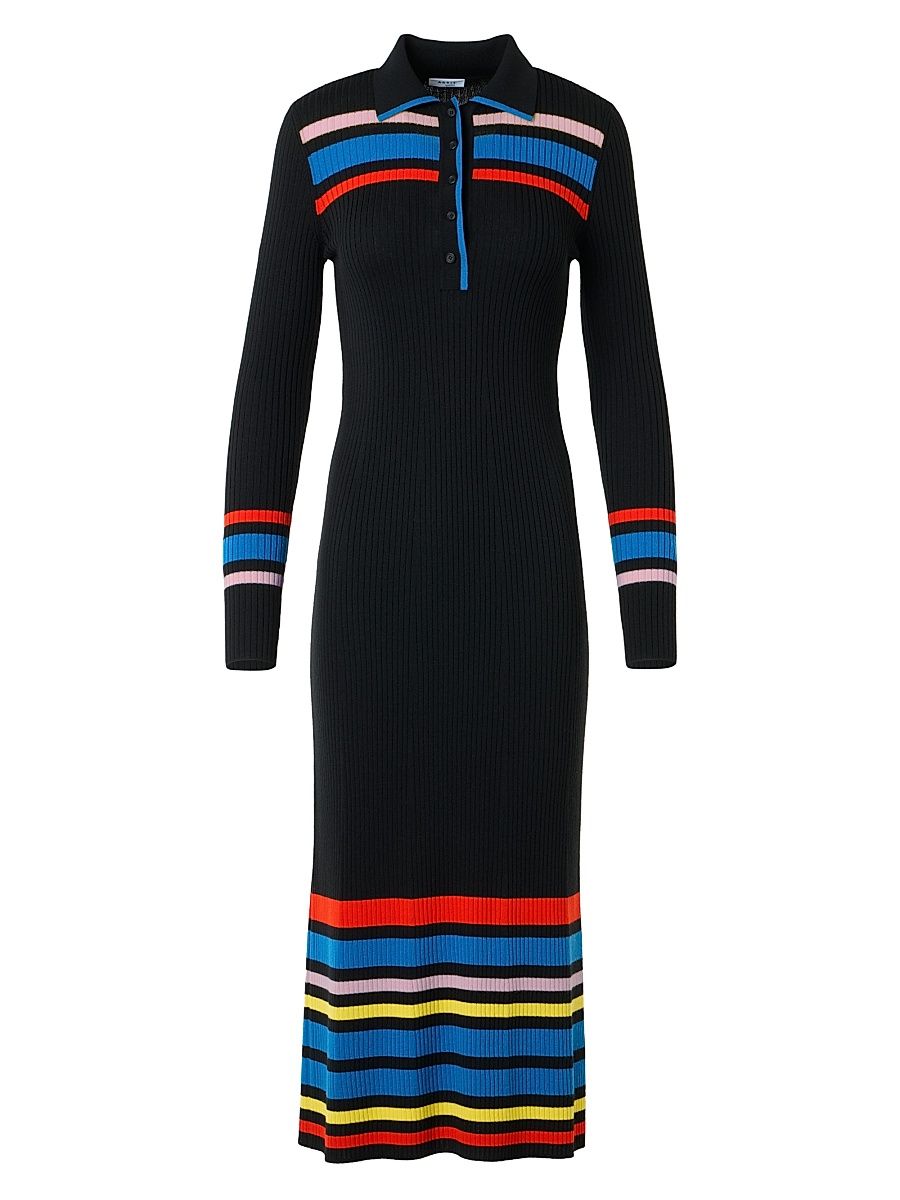 Women's Colorblocked Stripe Rib-Knit Polo Dress - Black Multicolor - Size 12