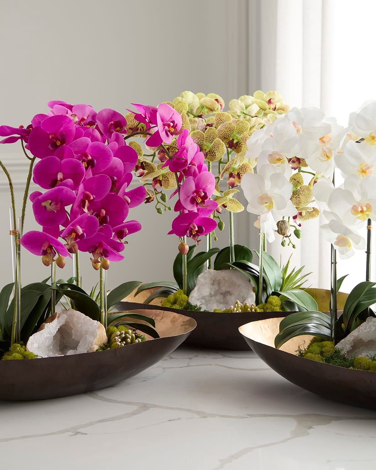 Orchids with Quartz 24" Faux Floral Arrangement in Metal Bowl