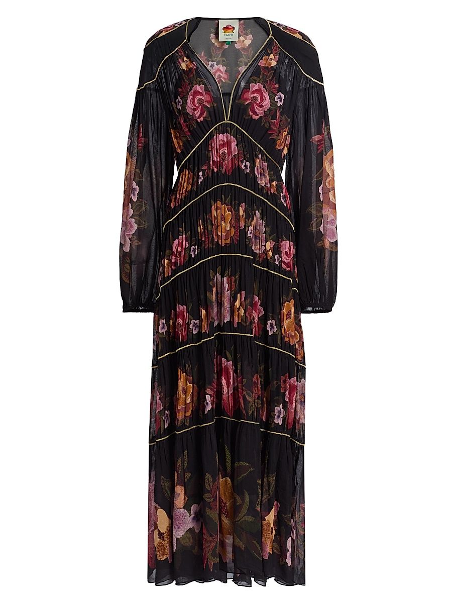 Women's Chenille Flowers Floral V-Neck Maxi Dress - Black - Size Large