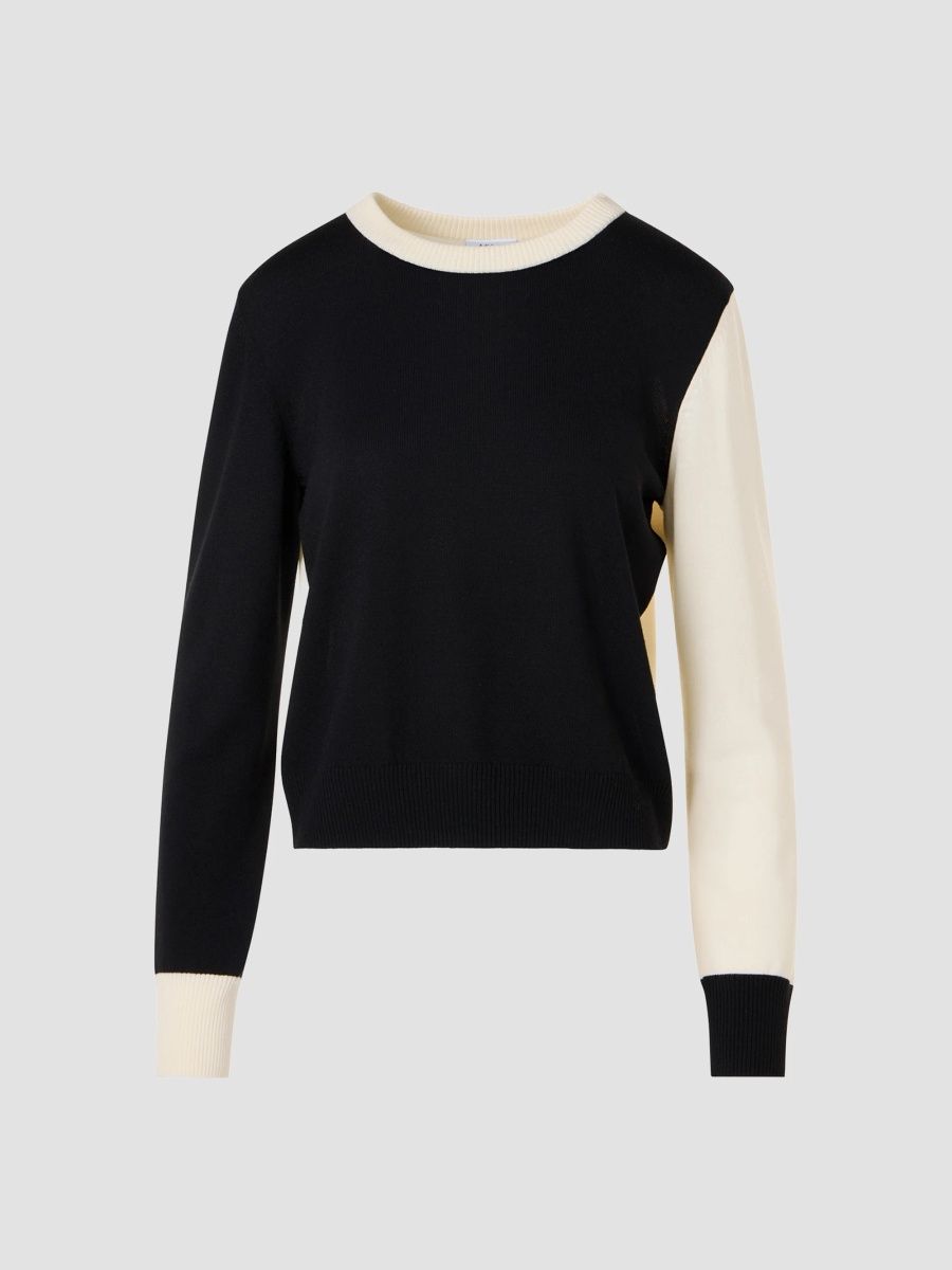 Akris punto Women's Colorblocked Wool Crewneck Sweater - Black Cream - Size 16