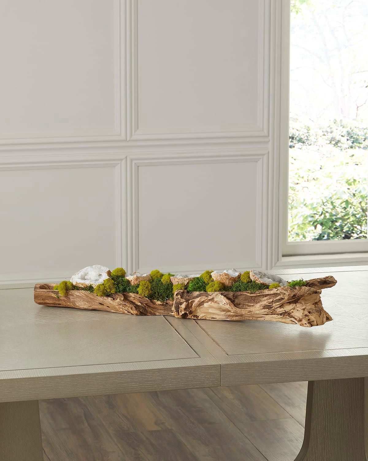 Preserved Moss and Geodes Garden in Hand-Carved Wood Log - 36"