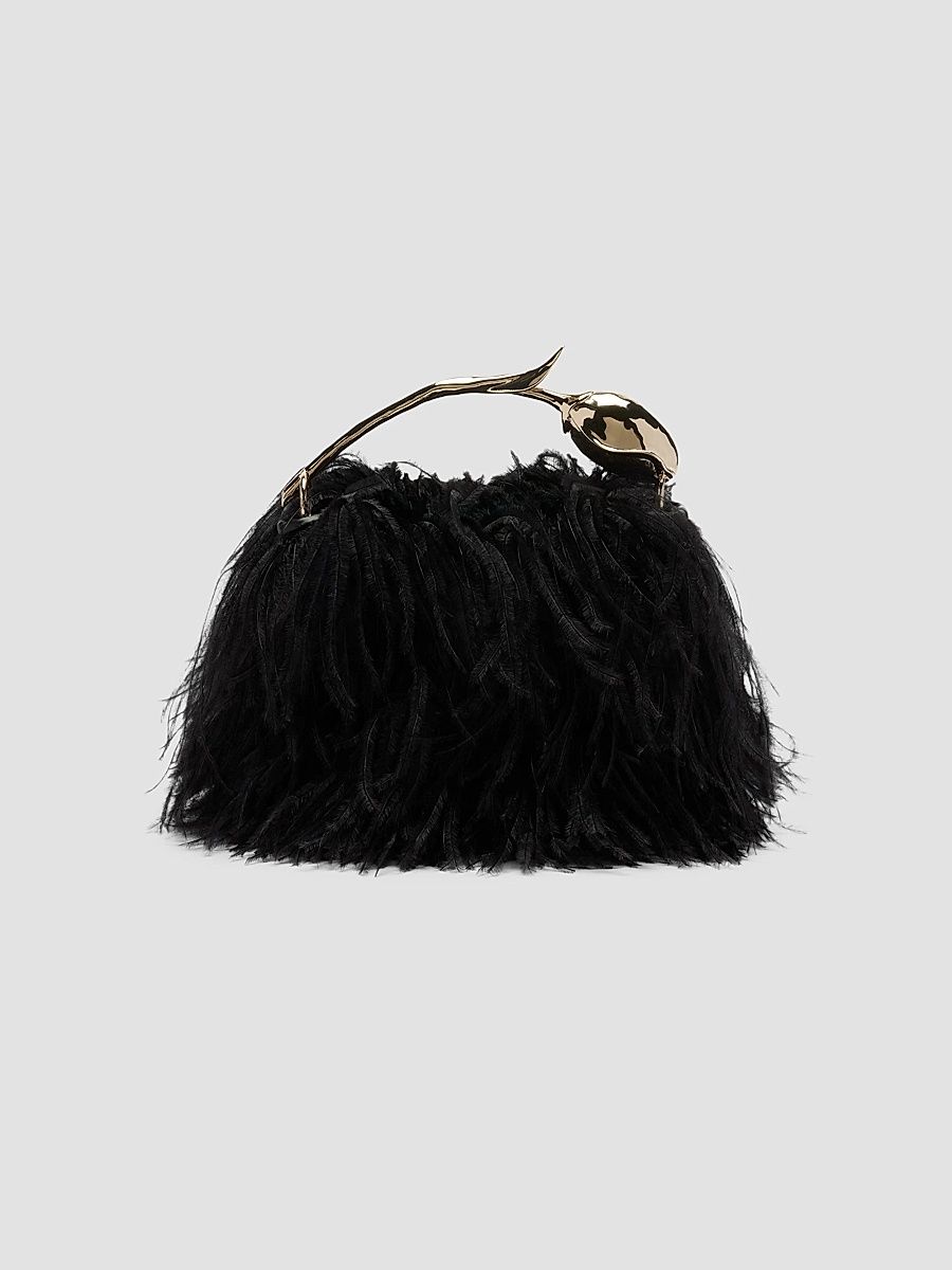 Women's Bloom Mini Ostrich-Feather Leather Top Handle Bag - Black