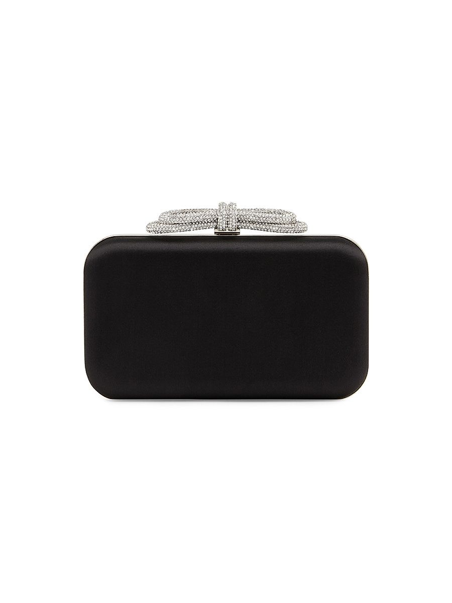 Women's Crystal-Embellished Double-Bow Satin Clutch - Black