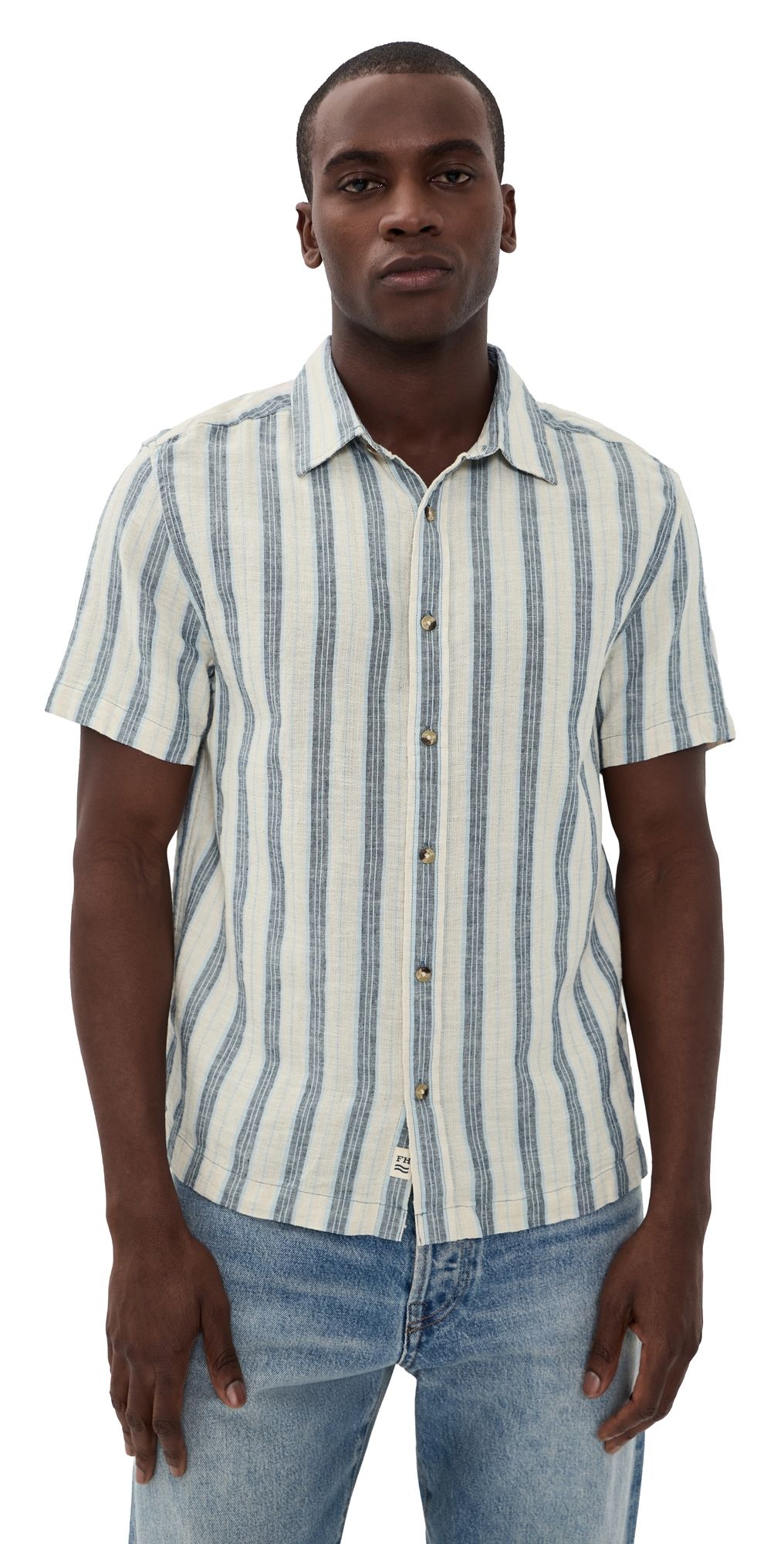 Fair Harbor Oasis Textured Short Sleeve Shirt Sea Blue Stripe XL