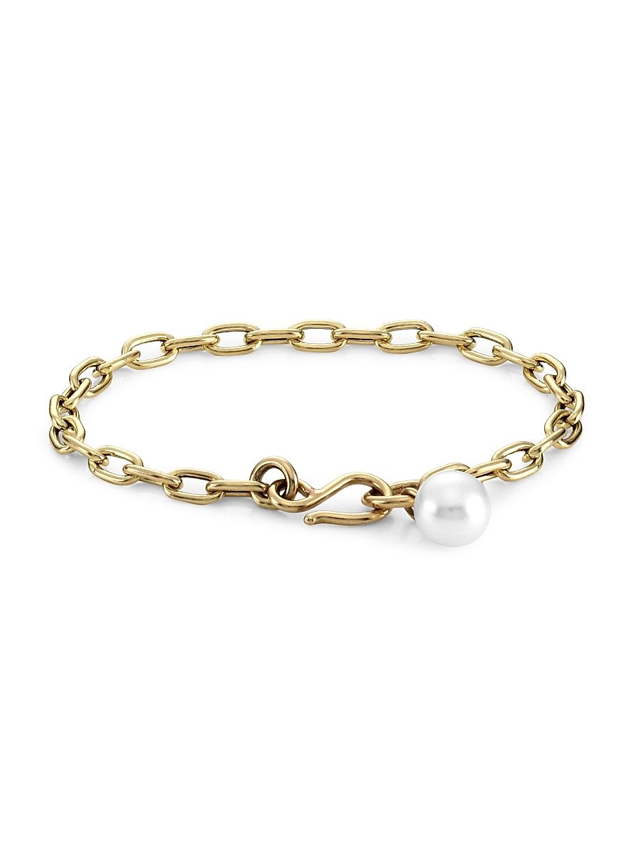 Women's Medium 14K Yellow Gold & 8MM Pearl Charm Oval-Link Bracelet - Gold - Size 6.5