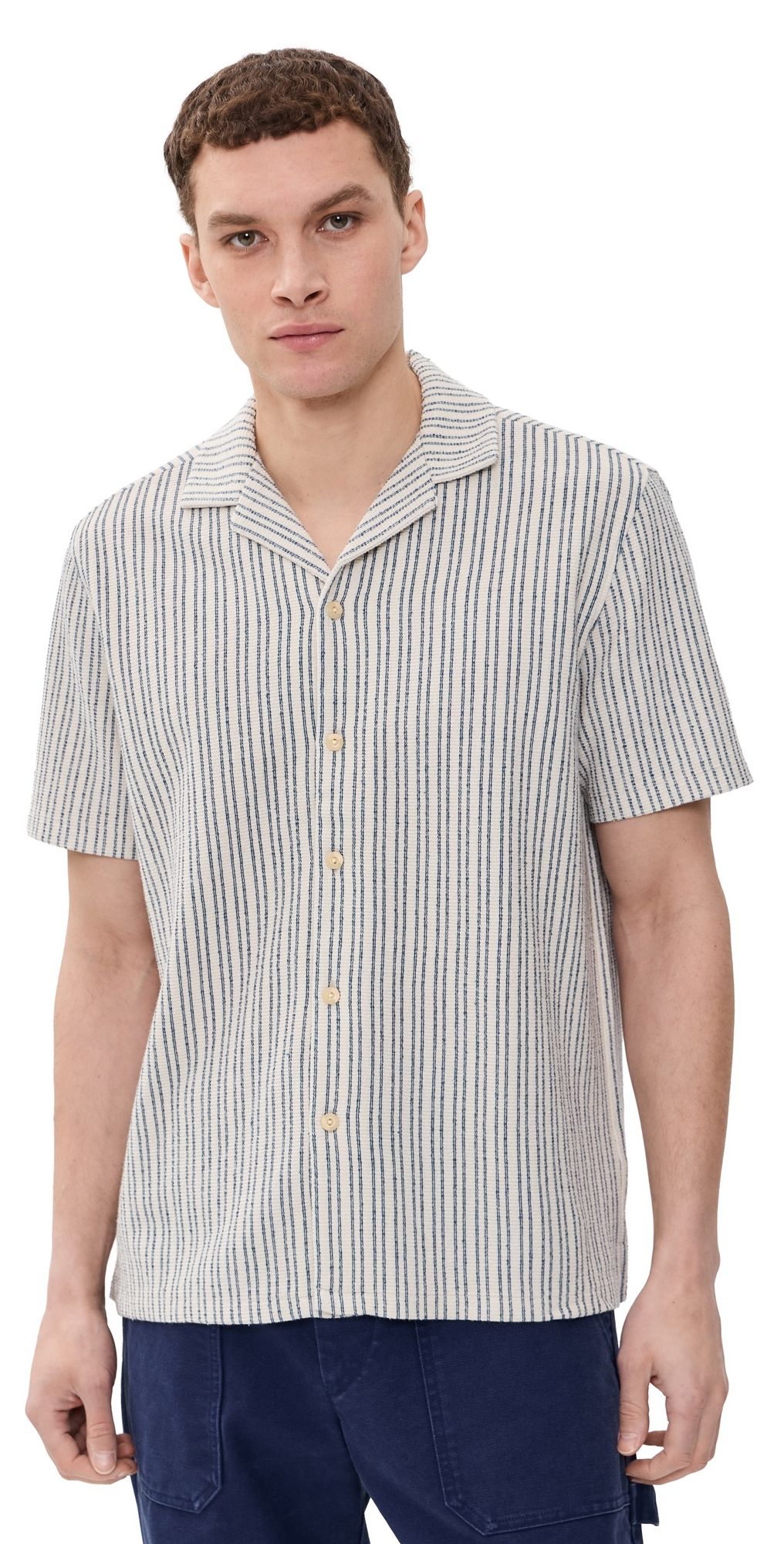 Faherty Oasis Knit Camp Shirt Shore Navy Stripe L