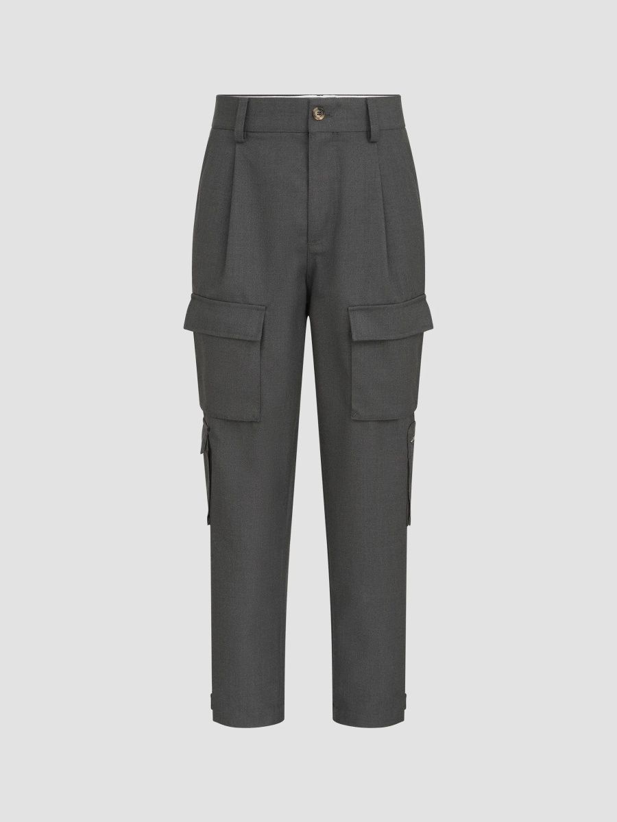 Brunello Cucinelli Men's Virgin Wool Diagonal Multipocket Cargo Trousers - Stone Grey - Size 44