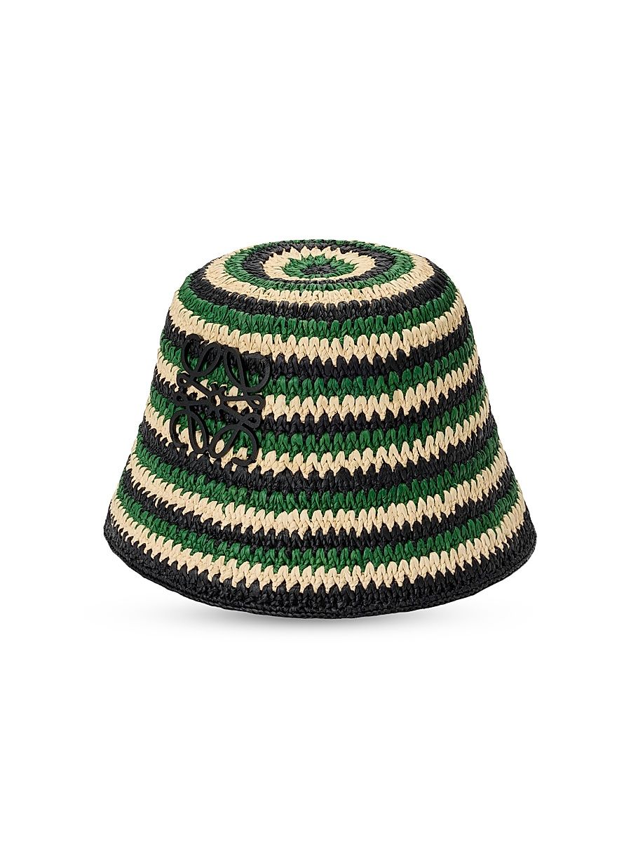 Women's LOEWE x Paula's Ibiza Anagram Striped Raffia Bucket Hat - Black Green - Size Small