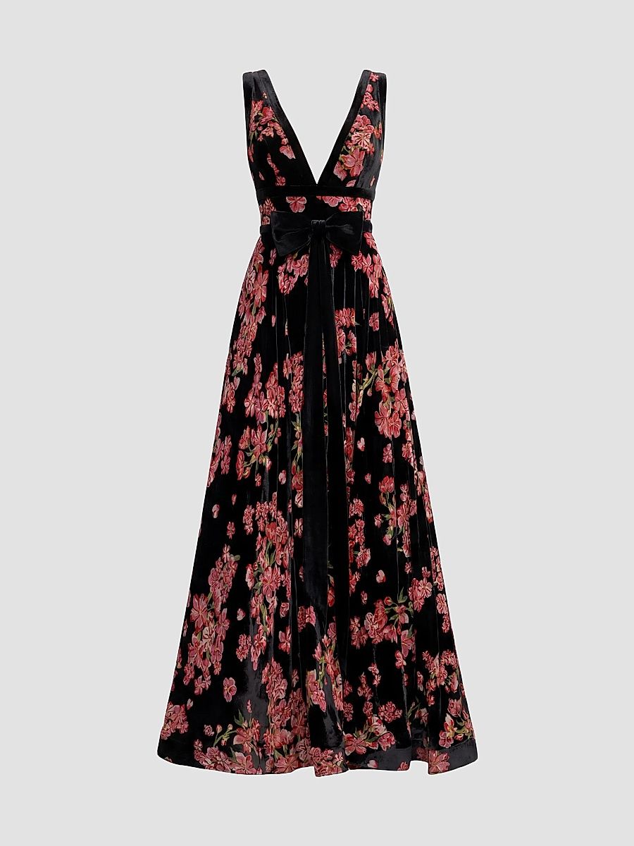 Women's Floral Velvet Plunging V-Neck Ball Gown - Black Multi - Size 2