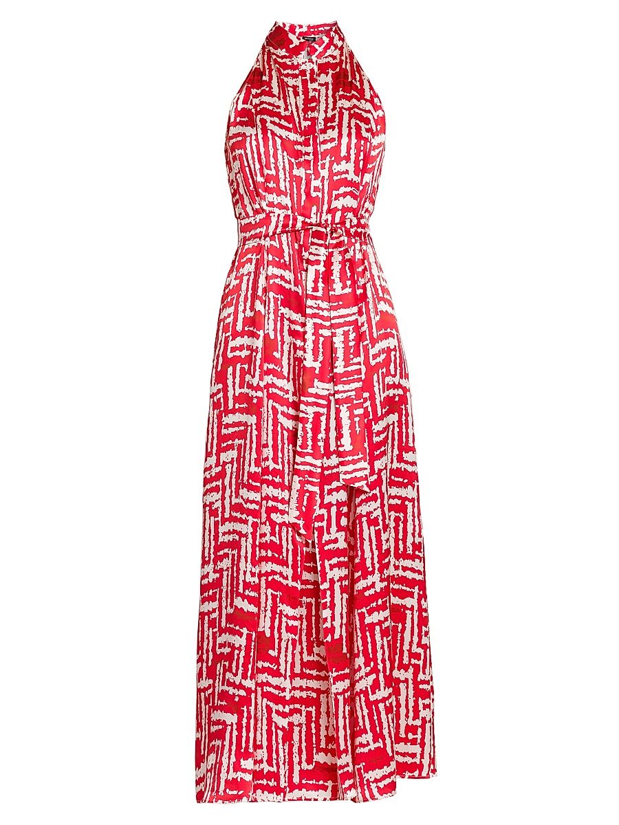 Women's Printed Silk Sleeveless Midi-Dress - Red - Size 4