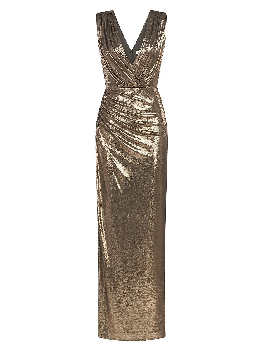 Women's Misha Metallic Jersey Wrap Gown - Antique Gold - Size 14