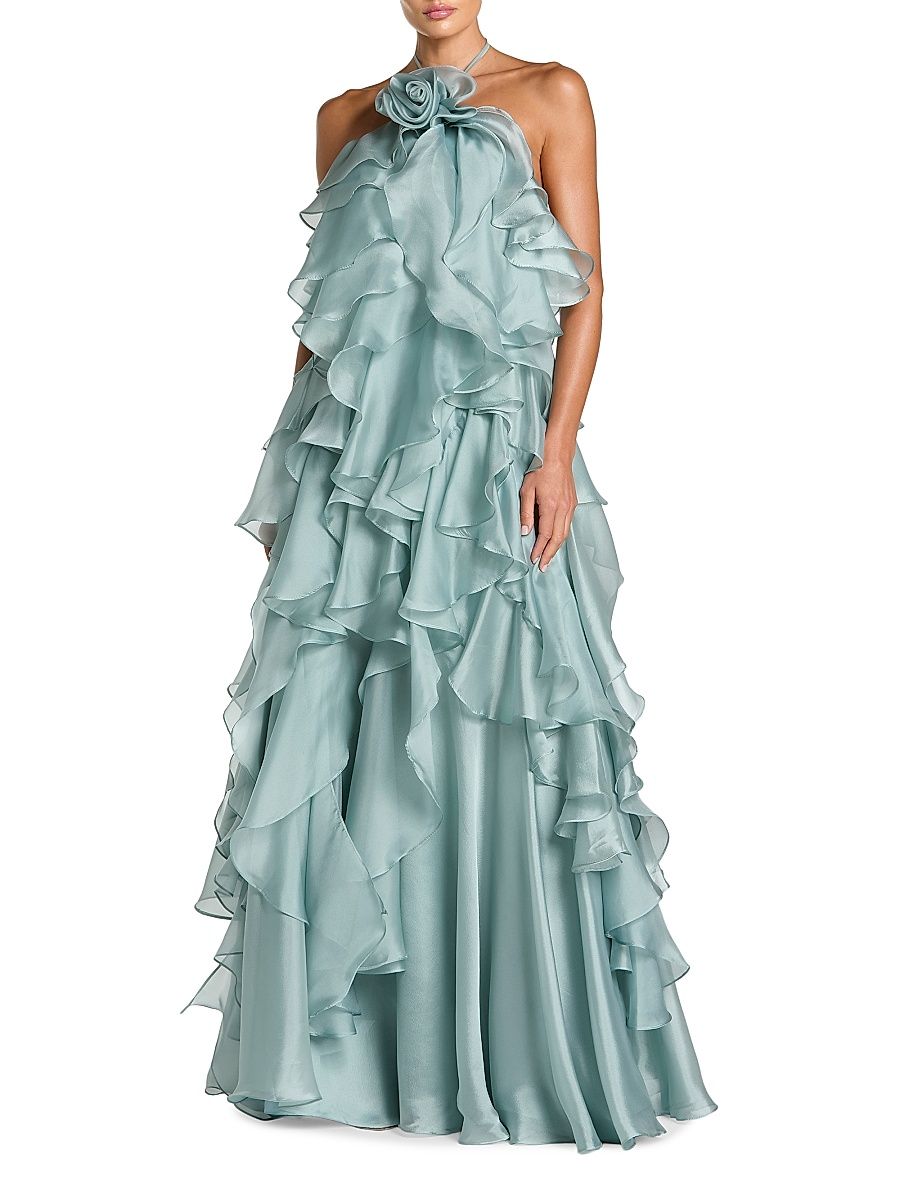 Women's Rosette Organza Trapeze Ruffle Halter Gown - Mint - Size Large