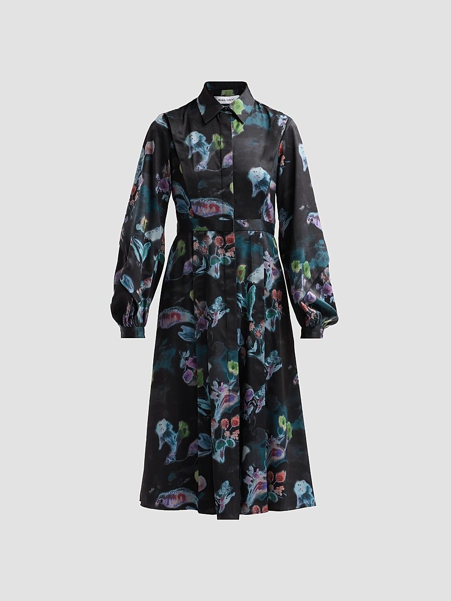 Women's Floral A-Line Midi Shirtdress - Black Multi - Size 0