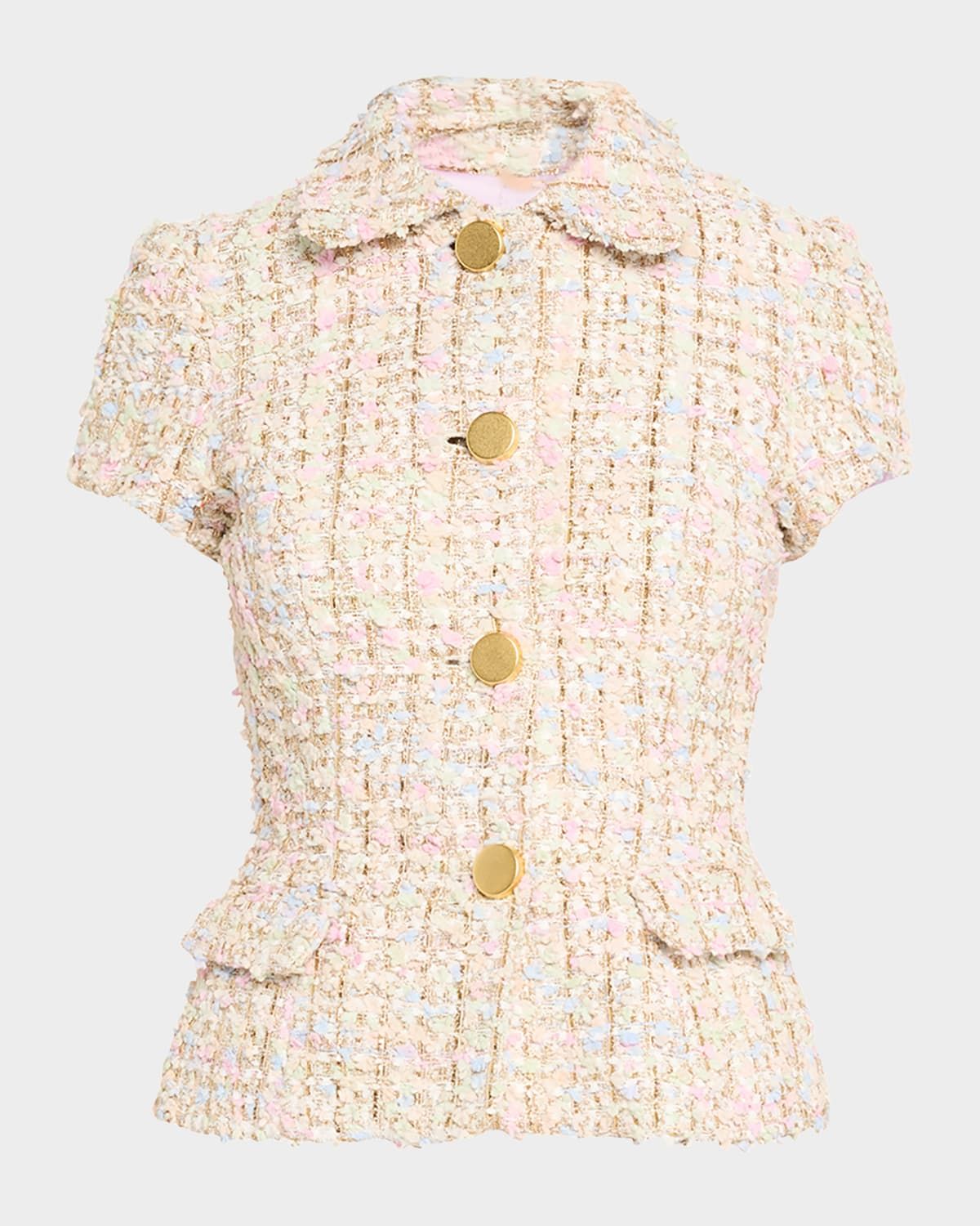 Short-Sleeve Tweed Metallic Jacket