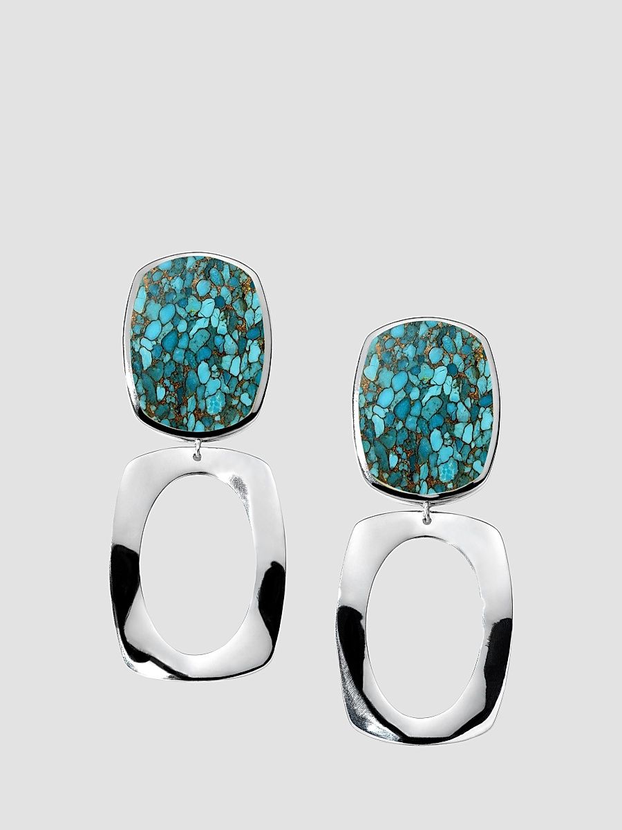 Women's Polished Rock Candy Long Oval & Large Frame Sterling Silver, Bronze & Turquoise Drop Earrings - Silver