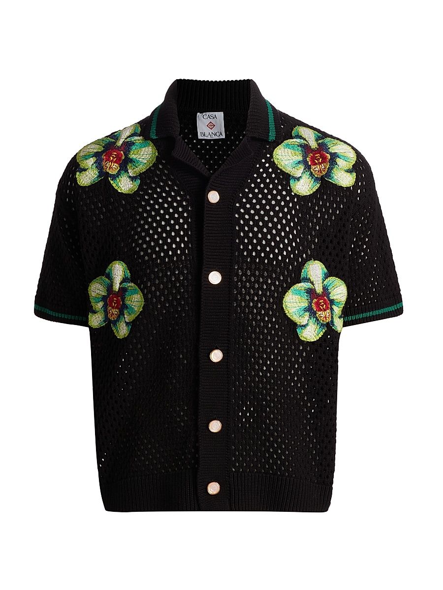 Men's Glitch Orchid Embroidered Crochet Shirt - Cotton Blend - Size XL