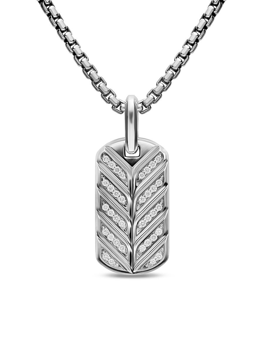 Men's Chevron Fluorescent Tag in Sterling Silver with Diamonds, 27MM - Silver