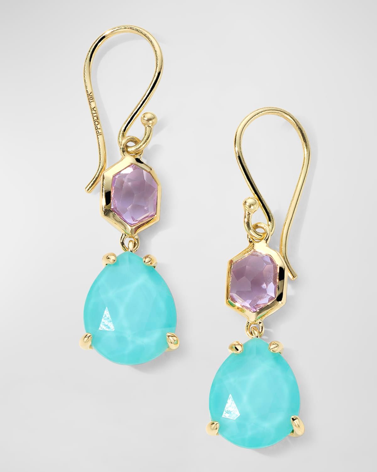 18K Rock Candy Small Snowman Earrings in Amethyst and Turquoise Doublet