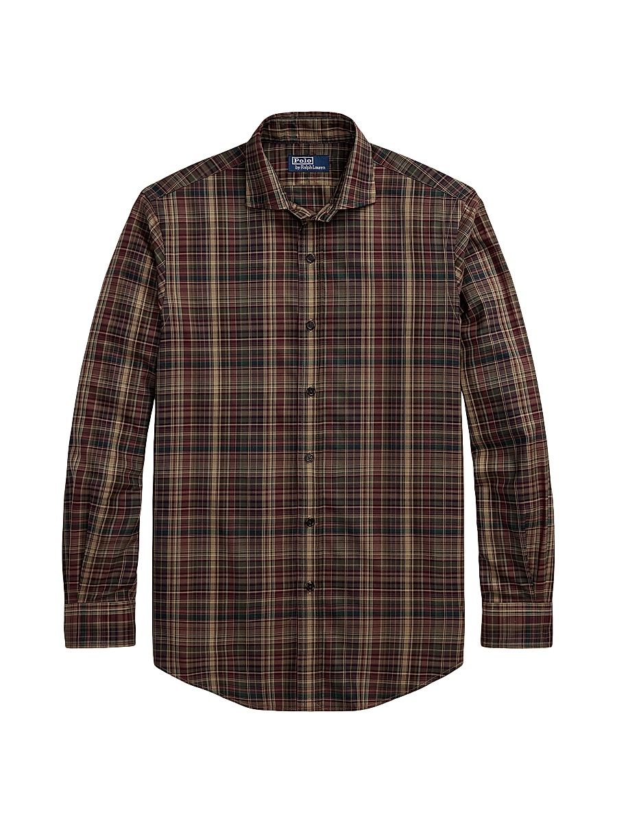 Men's Plaid Cotton Twill Button-Front Shirt - Khaki Wine Multi - Size XS
