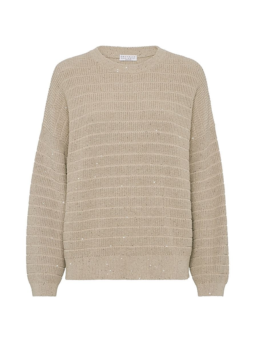 Women's Textured Half English Rib Sweater in Cotton Diamond Yarn - Warm Beige - Size XXL
