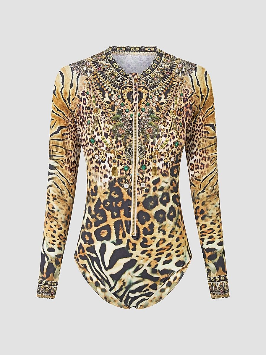 Women's Leotigra Printed Zip-Front Rashguard Swimsuit - Leotigra Land - Size Small
