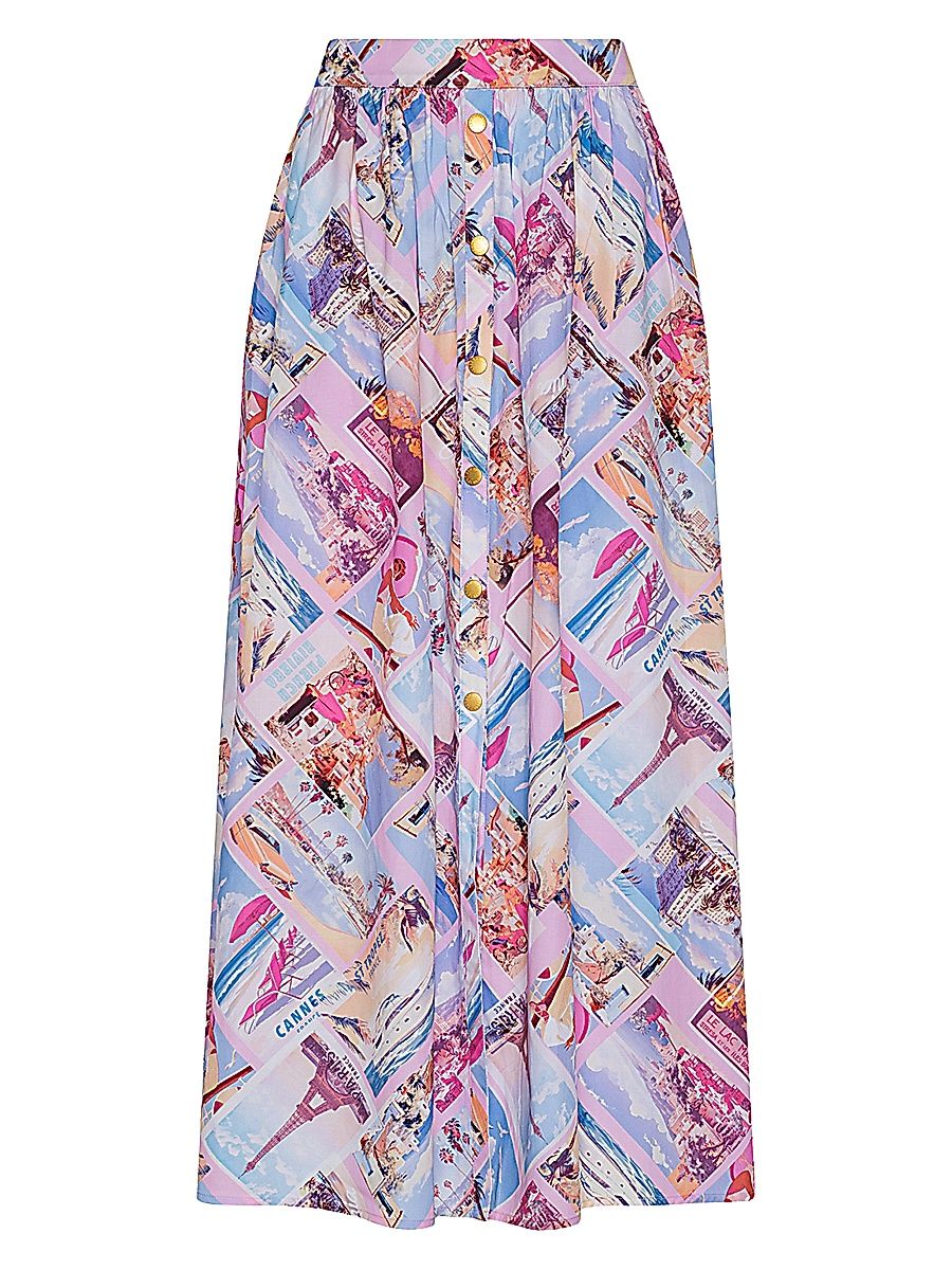 Women's Seina Postage Print Button-Front Midi-Skirt - Light Pink Postcard Print - Size 16