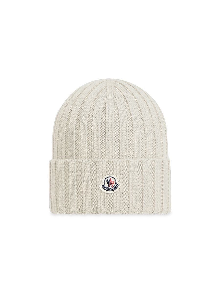 Women's Wool Ribbed Knit Logo Beanie - White