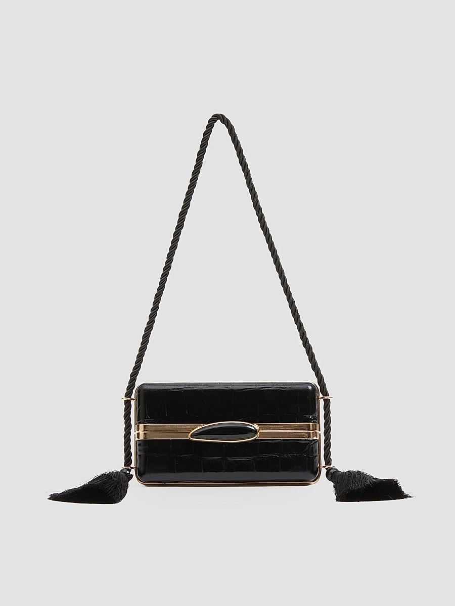 Women's Roma Croc-Embossed Leather Shoulder Bag - Black Gold