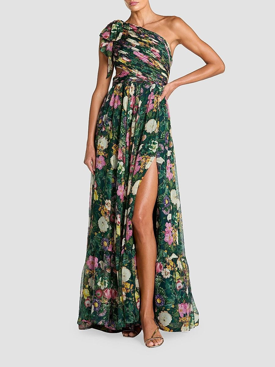 Mac Duggal Women's Floral Chiffon Cut-Out One-Shoulder Gown - Deep Green Multi - Size 12