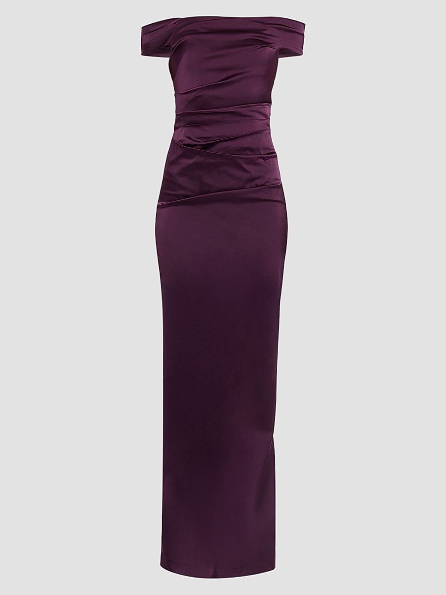 Women's Ruched Satin Off-the-Shoulder Gown - Plum - Size 18