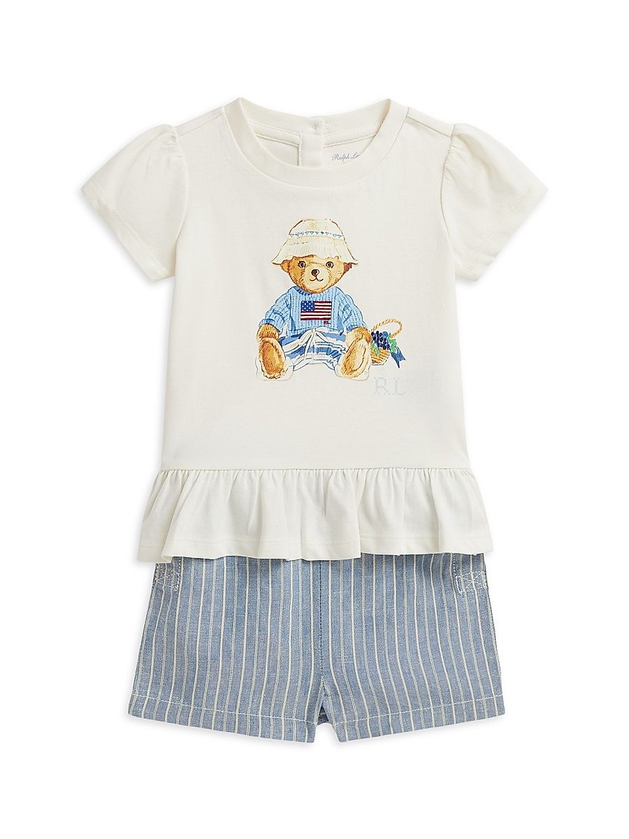 Baby Girl's Polo T-Shirt & Linen Shorts Set - Deckwash White - Size 6 Months
