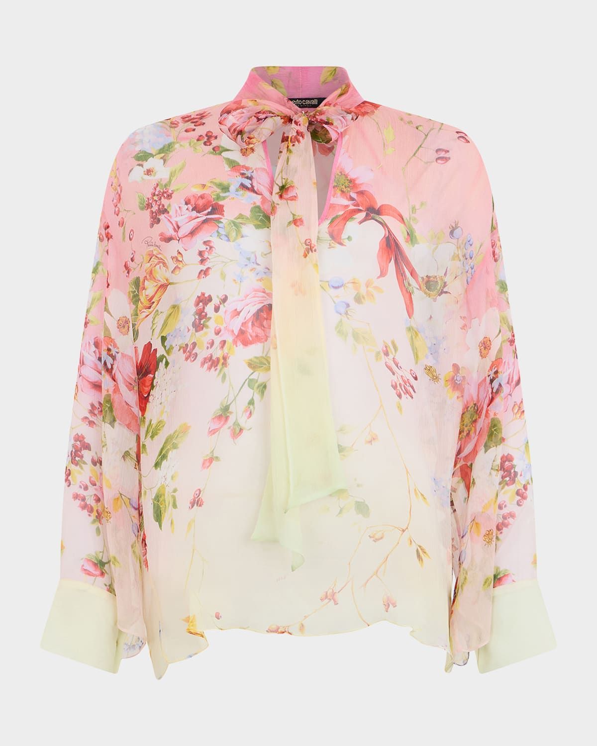 Miami Flowers Print Chiffon Neck-Tie Blouse