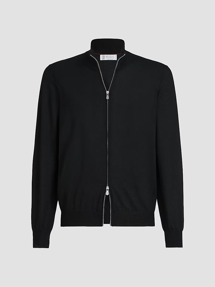 Men's Cashmere and Silk Lightweight Cardigan with Zipper - Black - Size 42