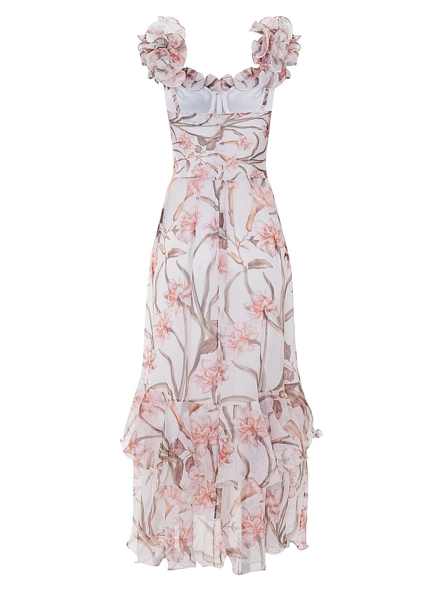 Women's Botanic Retro Ruffled Floral Chiffon Maxi Dress - Off White - Size 8