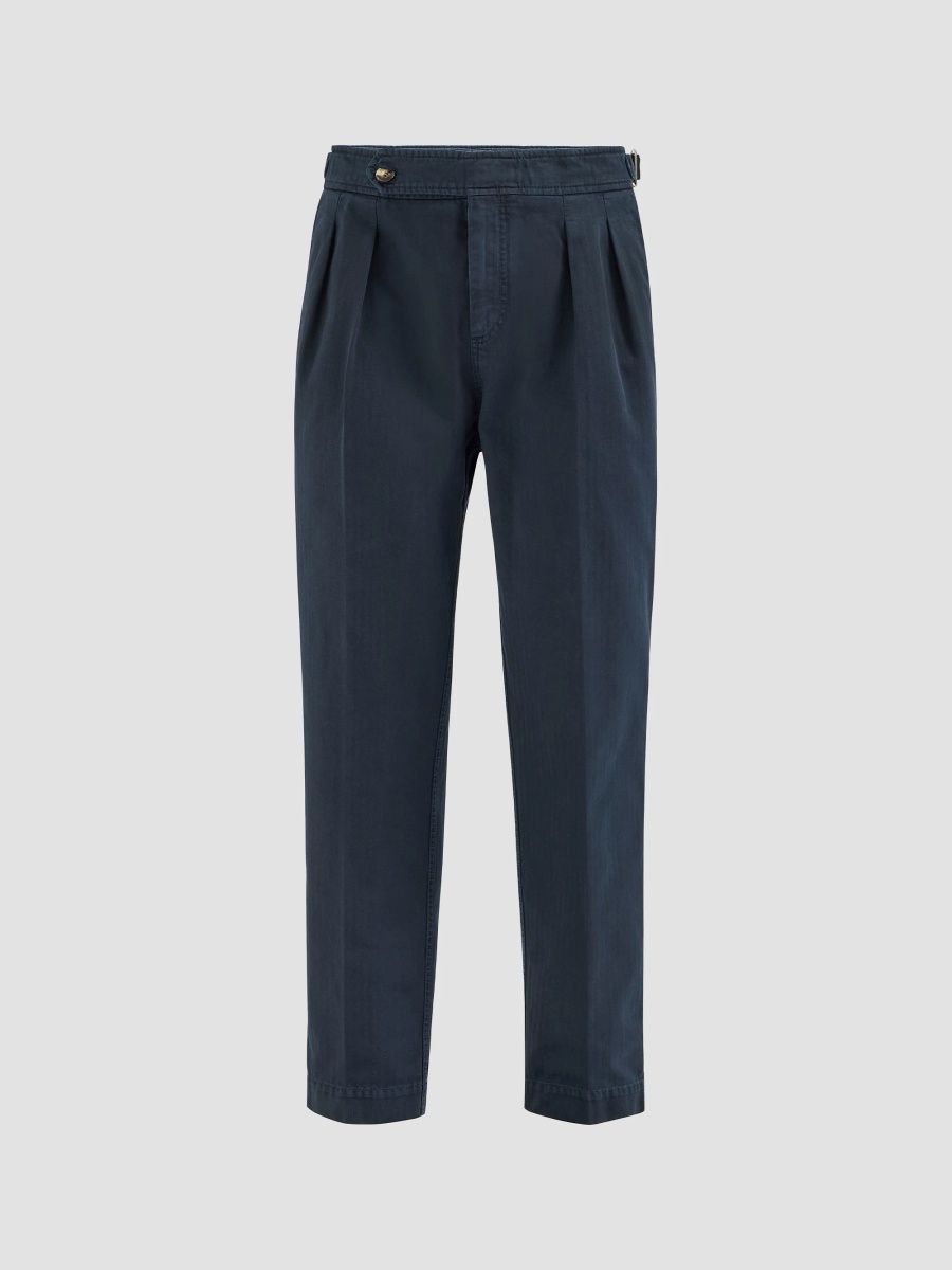 Brunello Cucinelli Men's Cotton Chevron Trousers with Reversed Double Pleats - Navy Blue - Size 46