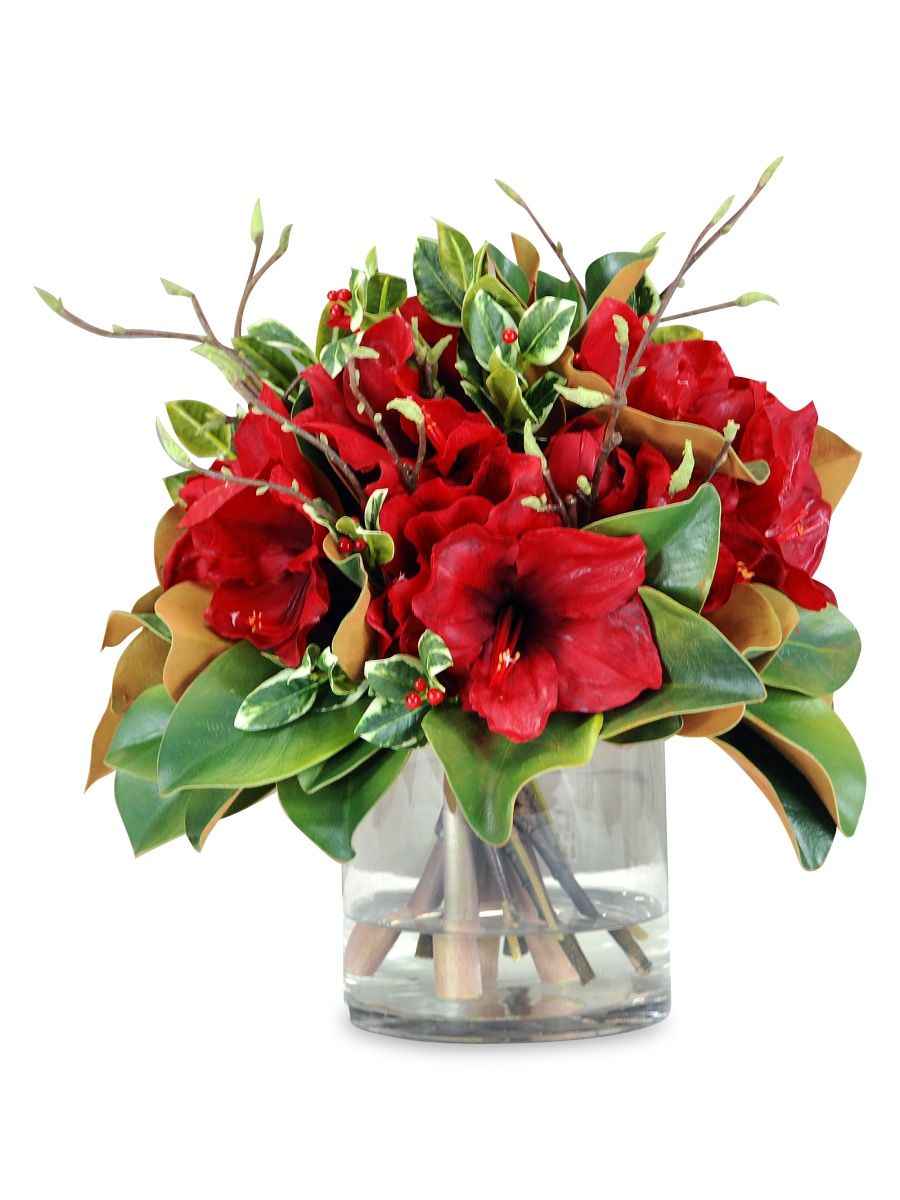 Winward Home Permanent Botanicals Amaryllis & Magnolia Leaf In Glass Vase - Red
