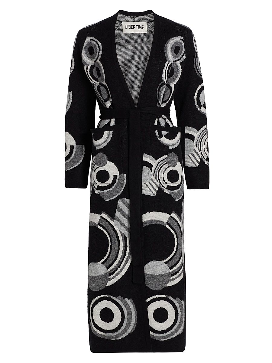 Women's Sonia Longline Cashmere Belted Cardigan - Black Multi - Size XL