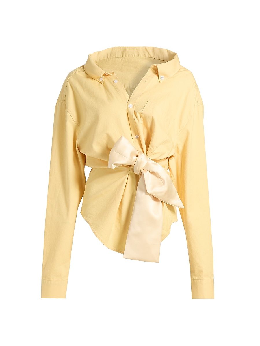 Women's Satin-Knotted Cotton Oxford Shirt - Light Yellow - Size Large