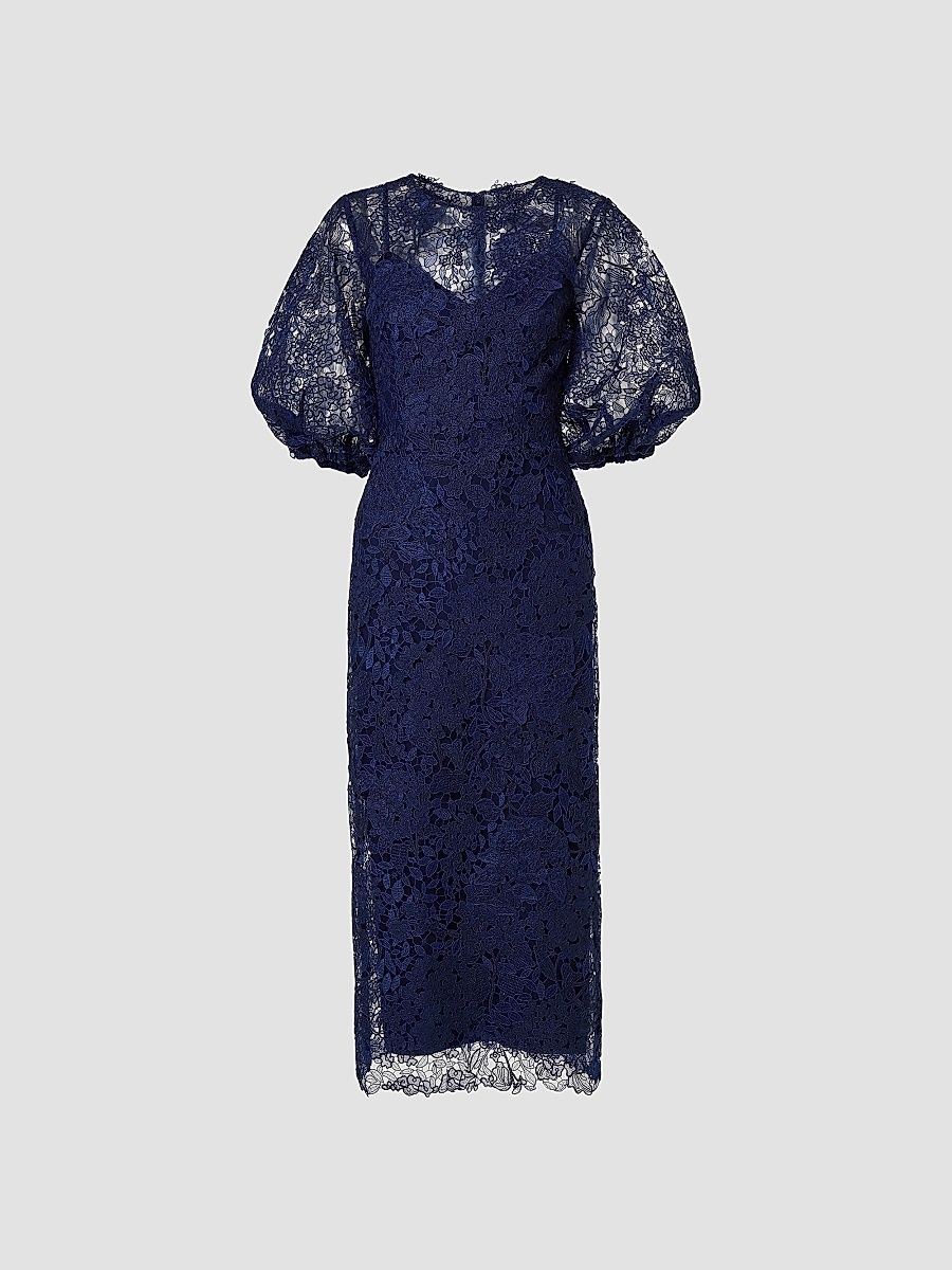Women's Lace Balloon-Sleeve Belted Midi Pencil Dress - Midnight - Size 12