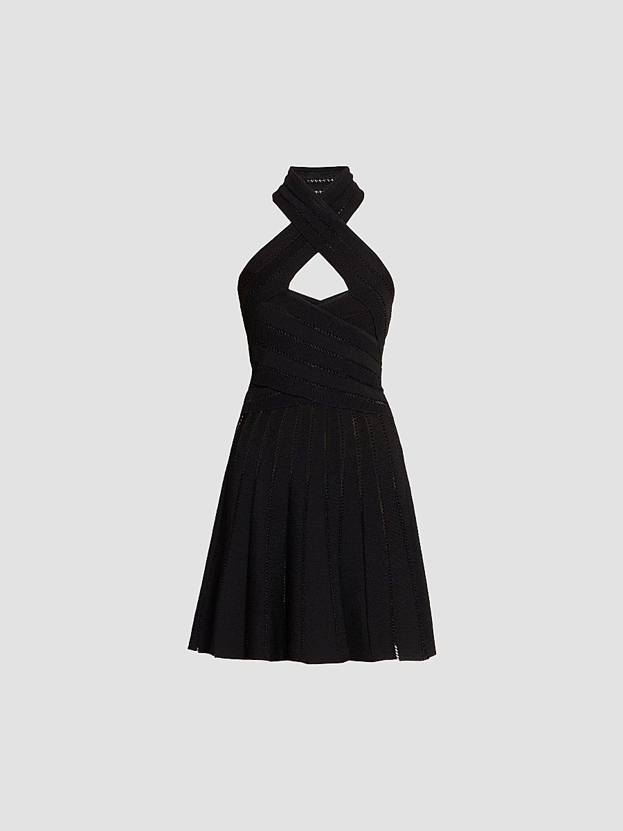 Balmain Women's Cross Halter Fléchage Minidress - Noir - Size 12