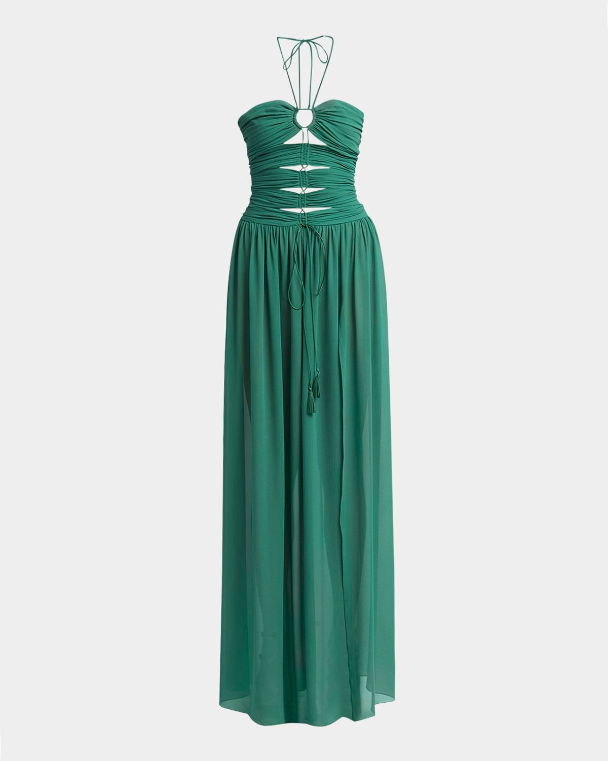 Gathered Cutouts Halter Silk Georgette Evening Dress