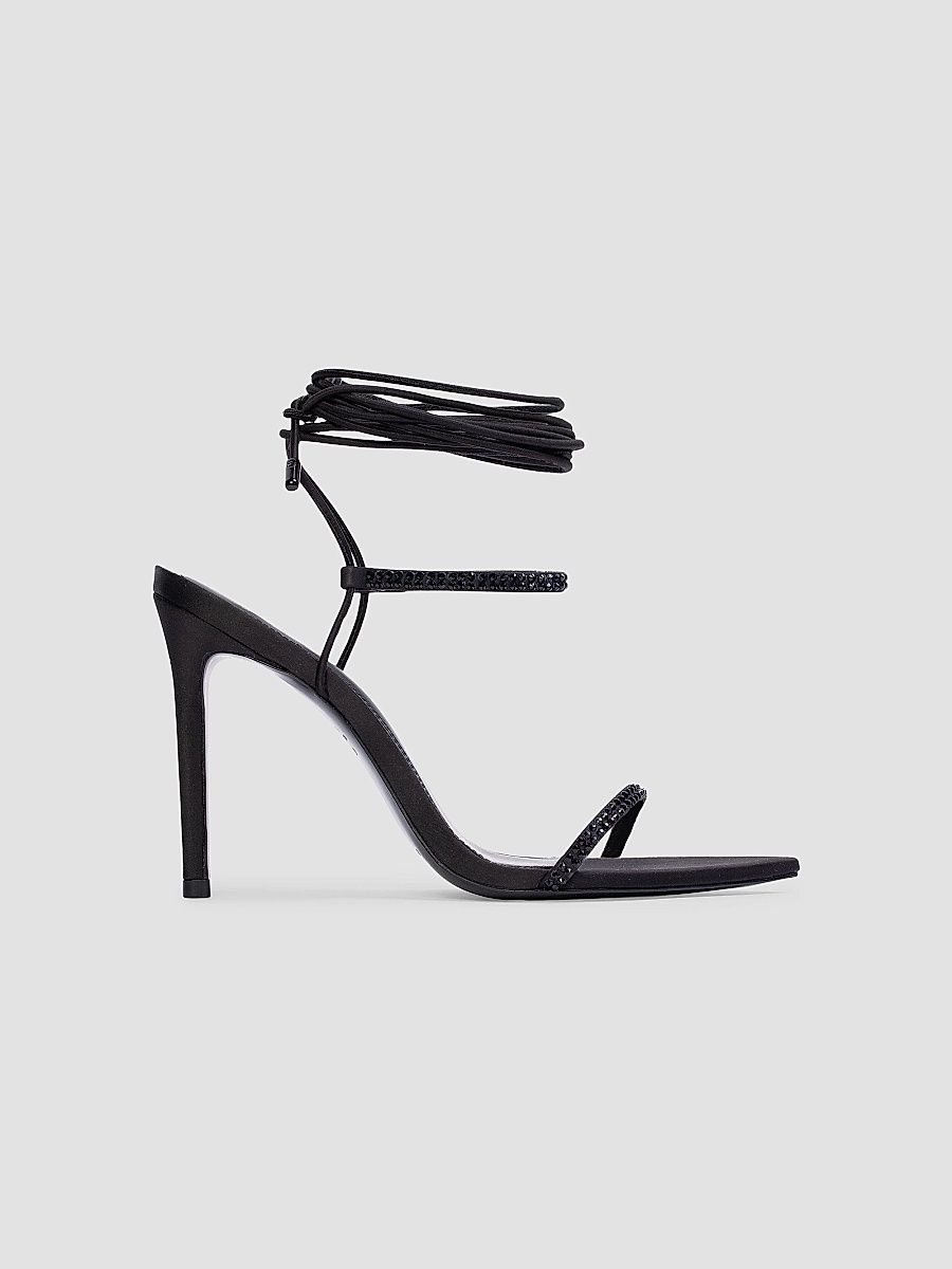 Black Suede Studio Women's Lauren 100MM Strappy Sandals - Black Satin Embellished - Size 6