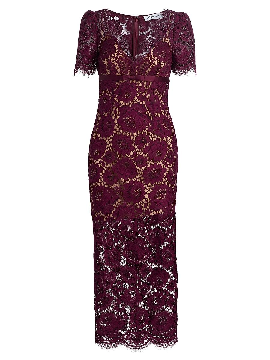Women's Floral Lace V-Neck Midi-Dress - Burgundy - Size 8