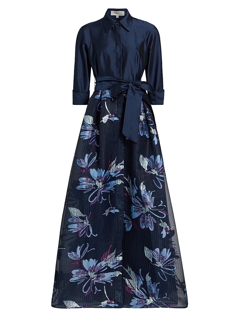 Women's Taffeta Floral Organza Gown - Navy Multi - Size 14