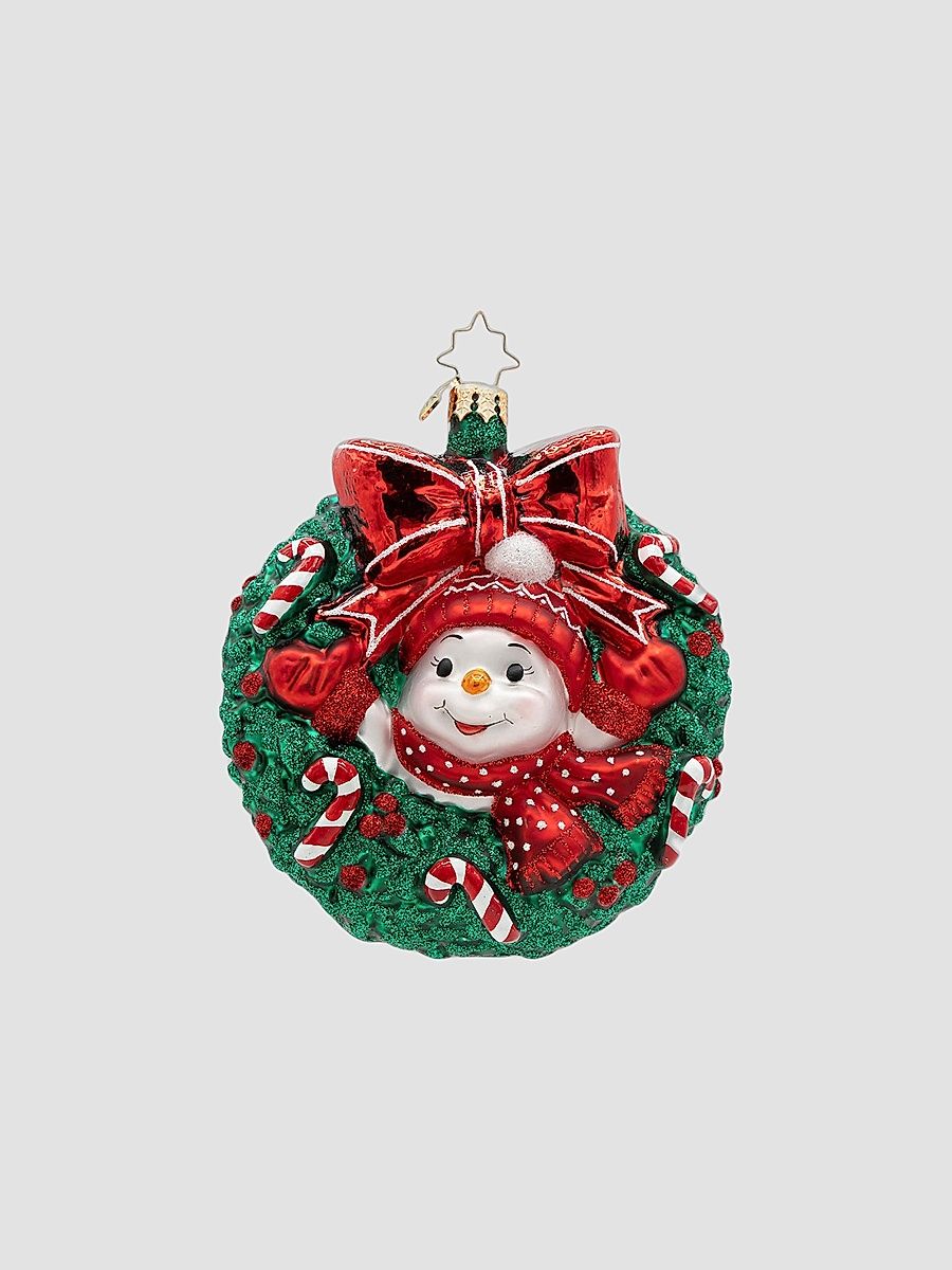 Whimsical Snowman Candy Cane Cuddles Ornament