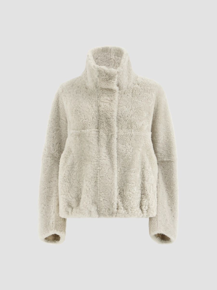 Brunello Cucinelli Women's Fuzzy Shearling Outerwear Coat with Monili - Grey - Size 10