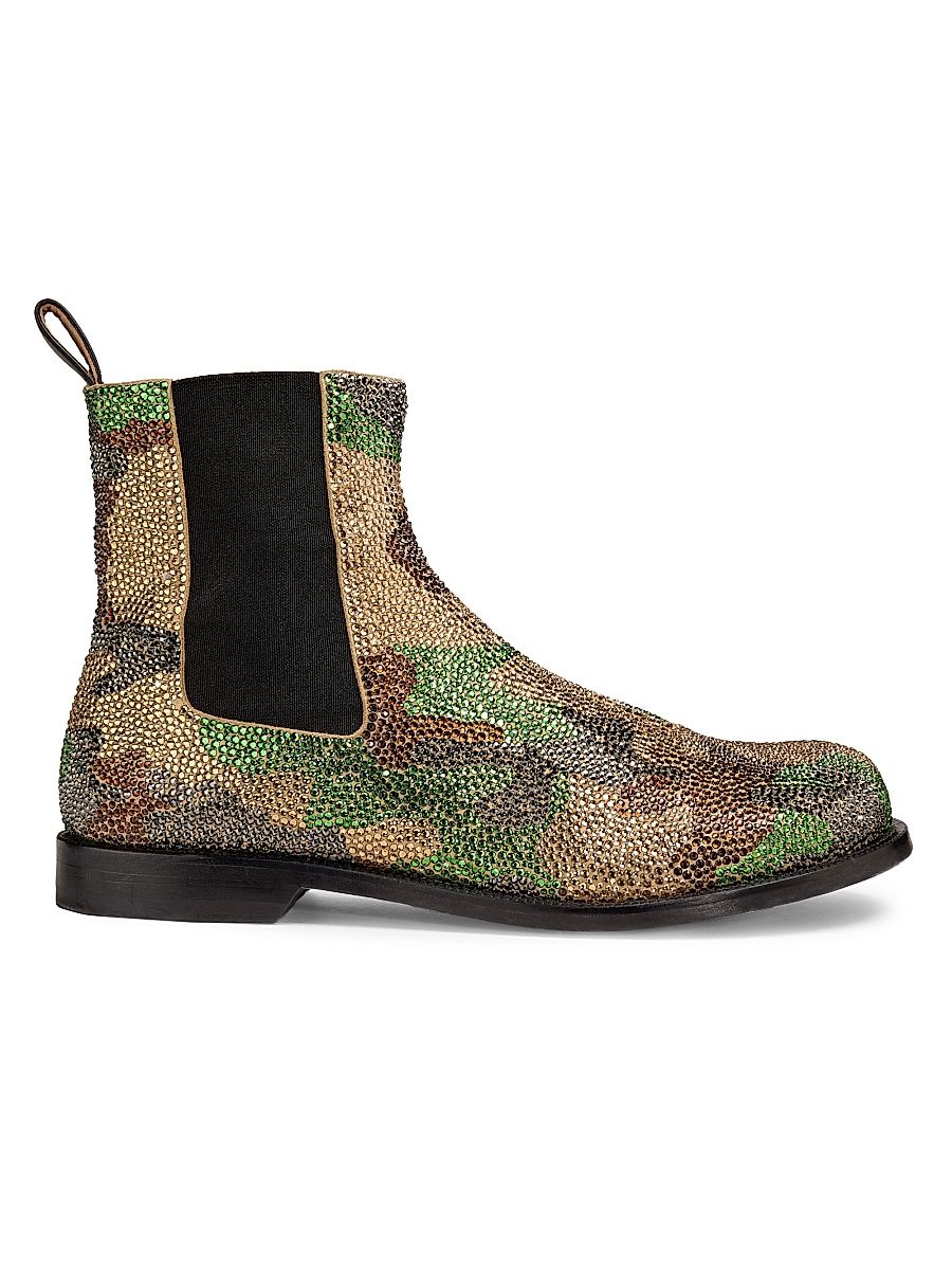 Women's 25MM Crystal-Embellished Camouflage Chelsea Boots - Military Green - Size 8