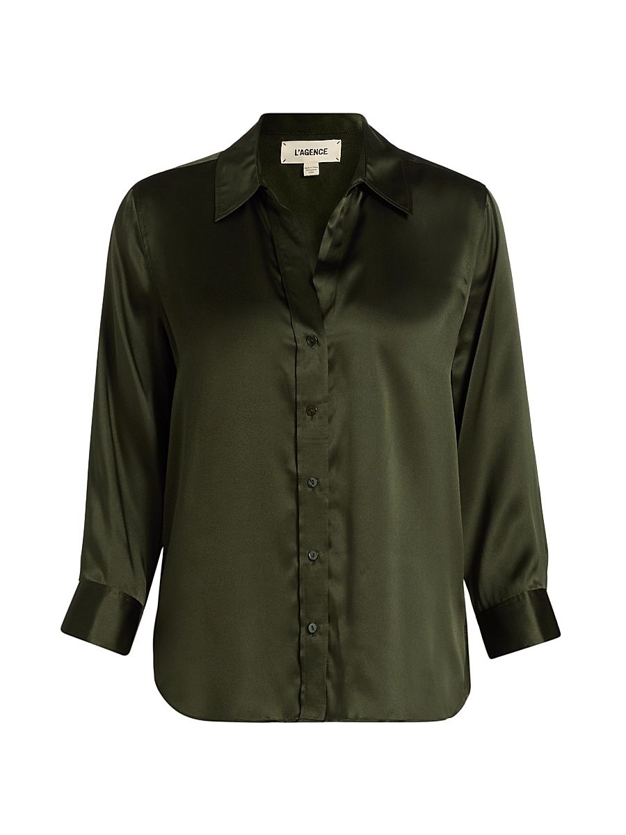 Women's Dani Three-Quarter Sleeve Silk Shirt - Deep Olive - Size Large