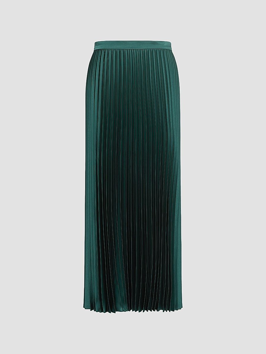 Women's Pleated Satin Skirt - Dark Green - Size 6