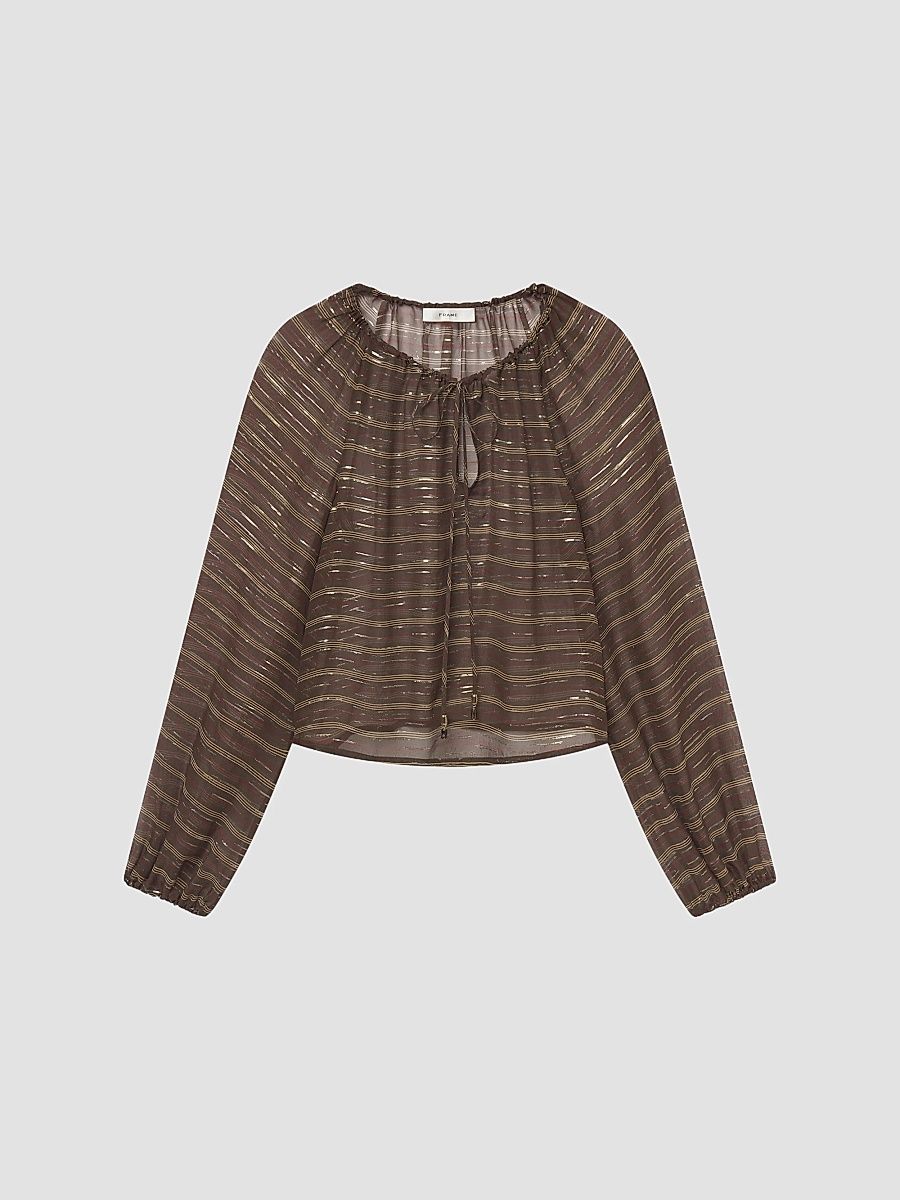 Women's Balloon Metallic Striped Silk-Blend Blouse - Oakwood Multi - Size Large